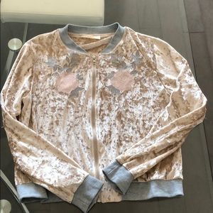 Champagne Velvet Zip up with Pink Roses